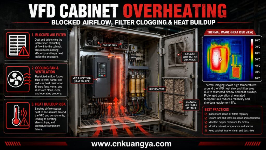VFD control cabinet overheating caused by blocked cooling airflow