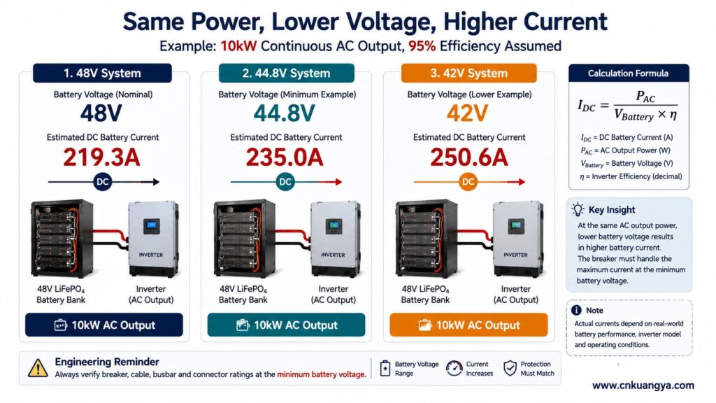 10kW inverter current comparison at 48V 44.8V and 42V battery voltage