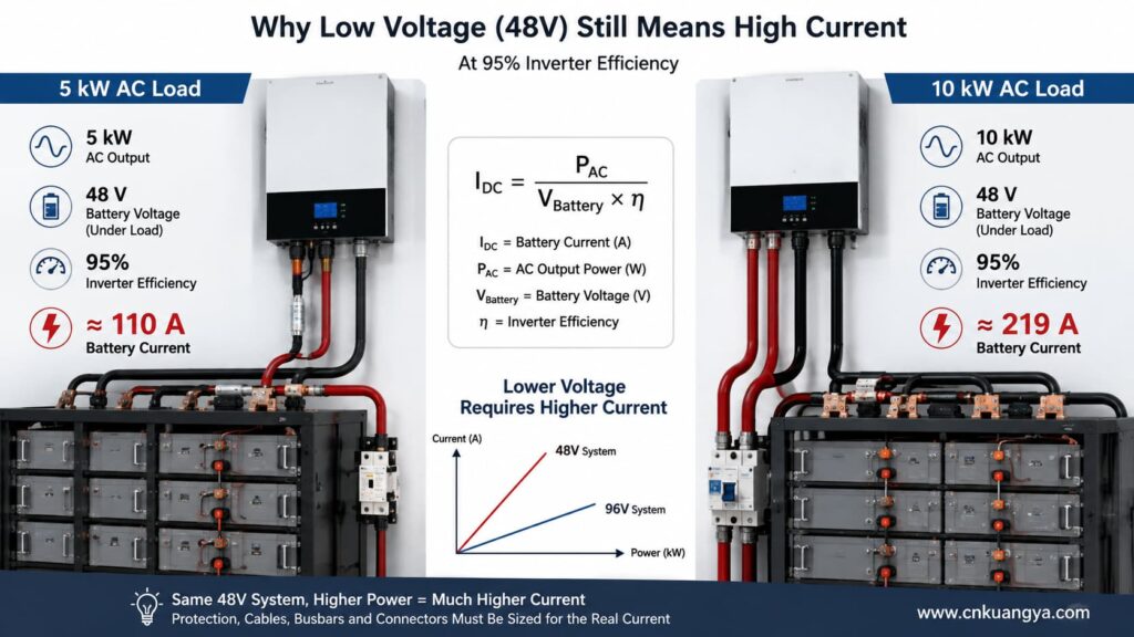 48V ESS battery current comparison for 5kW and 10kW inverter loads