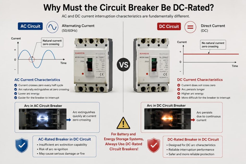 Comparison between AC and DC breaker interruption in electrical protection