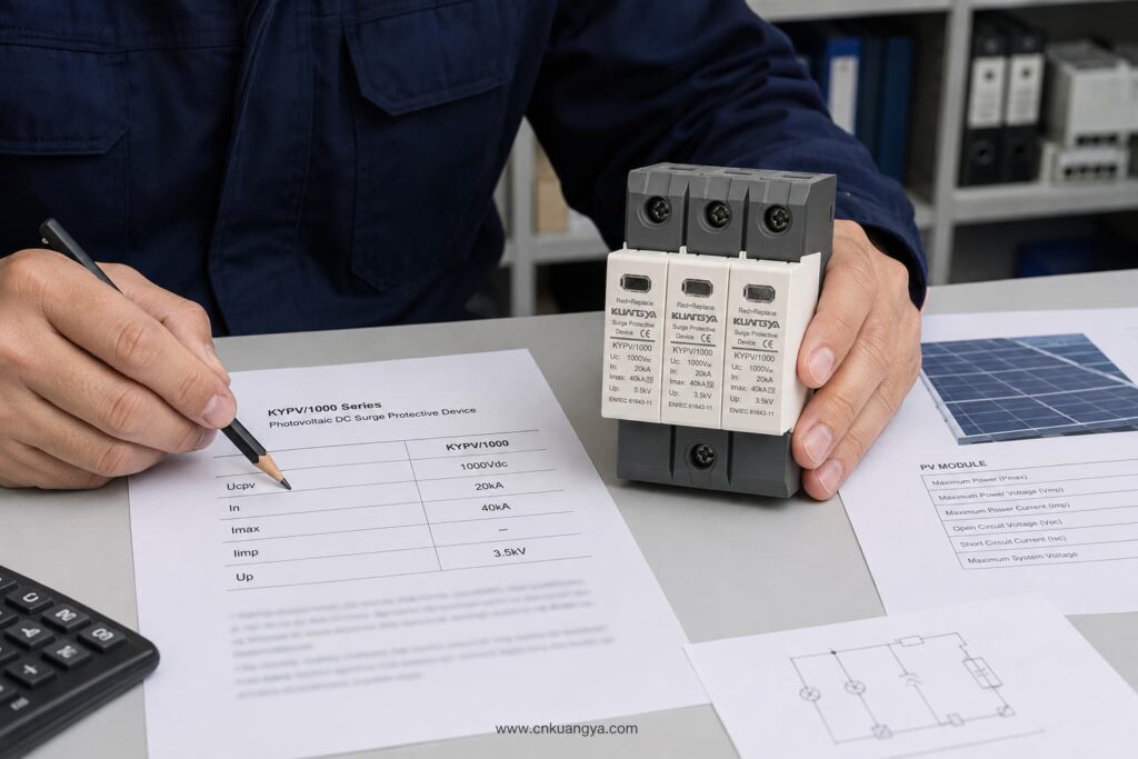 Engineer checking DC SPD discharge and protection ratings