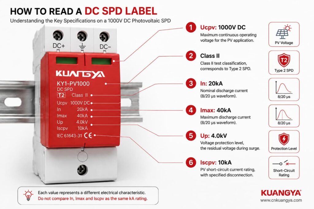1000V DC SPD label showing Ucpv, Class II, In, Imax, Up and Iscpv specifications