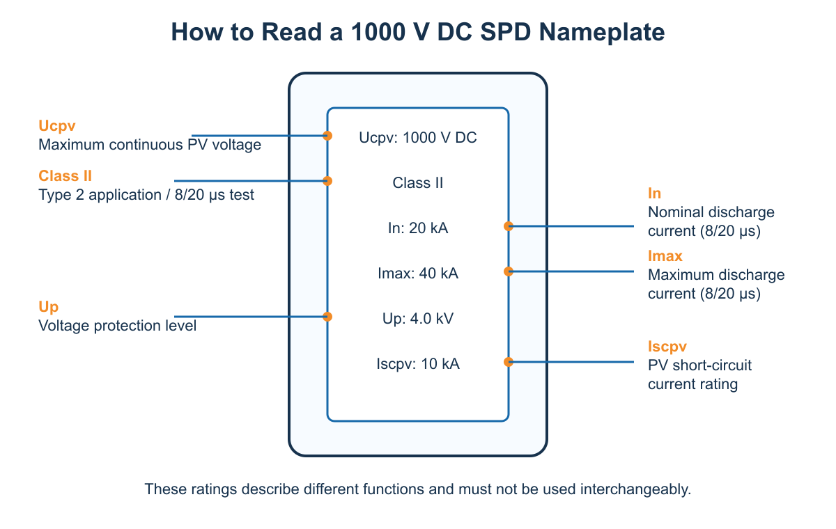 Line drawing explaining Ucpv, Class II, In, Imax, Up and Iscpv on a 1000 V DC SPD nameplate
