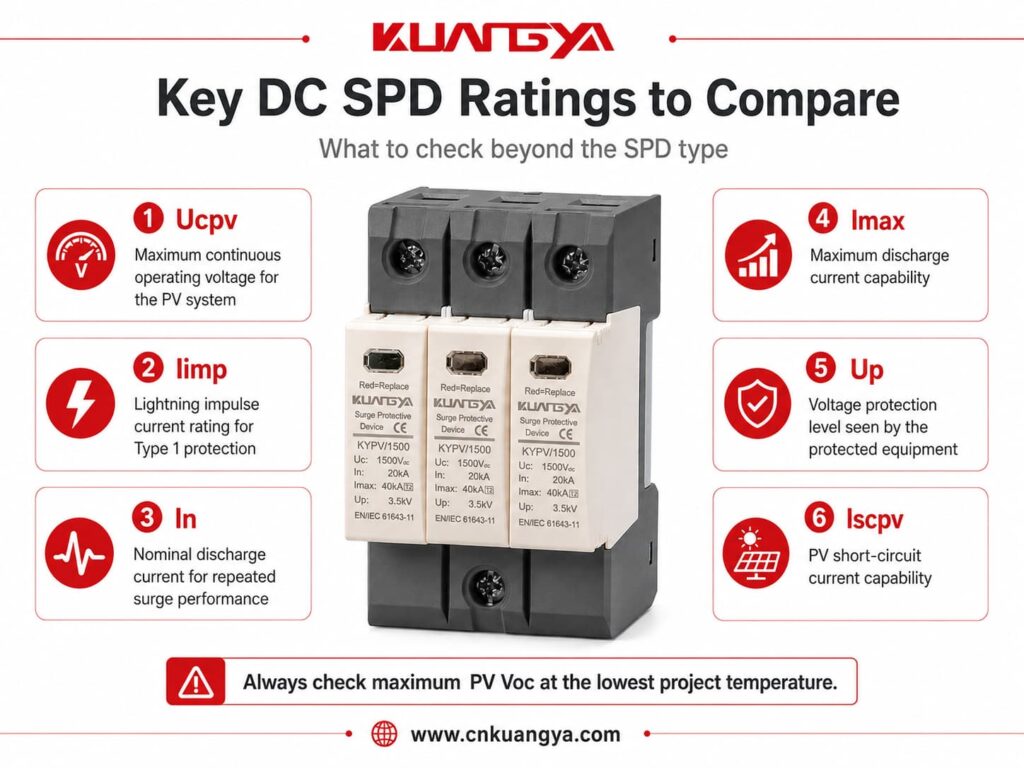 Technical infographic showing the key DC SPD ratings Ucpv, Iimp, In, Imax, Up and Iscpv