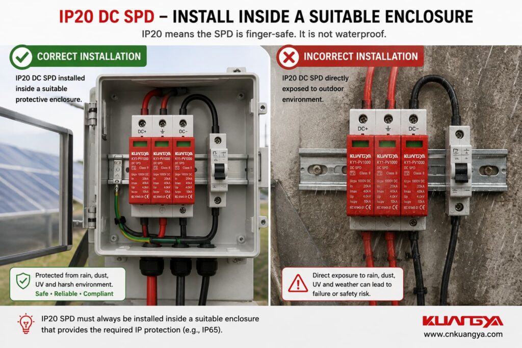 IP20 DC SPD installed inside an outdoor photovoltaic enclosure