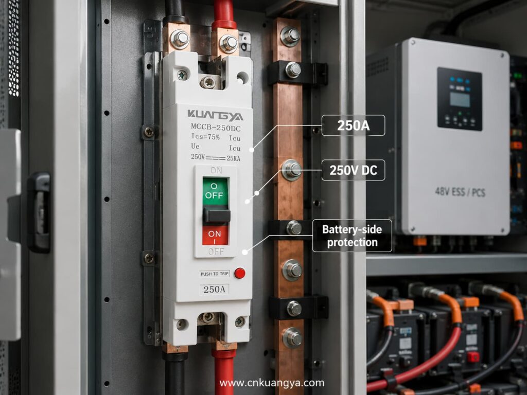 KUANGYA 1P 250A DC MCCB installed in a 48V ESS battery cabinet