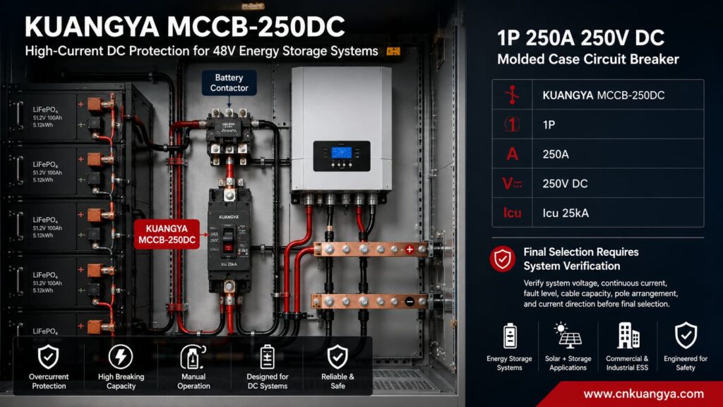 KUANGYA 1P 250A 250V DC MCCB for 48V ESS applications