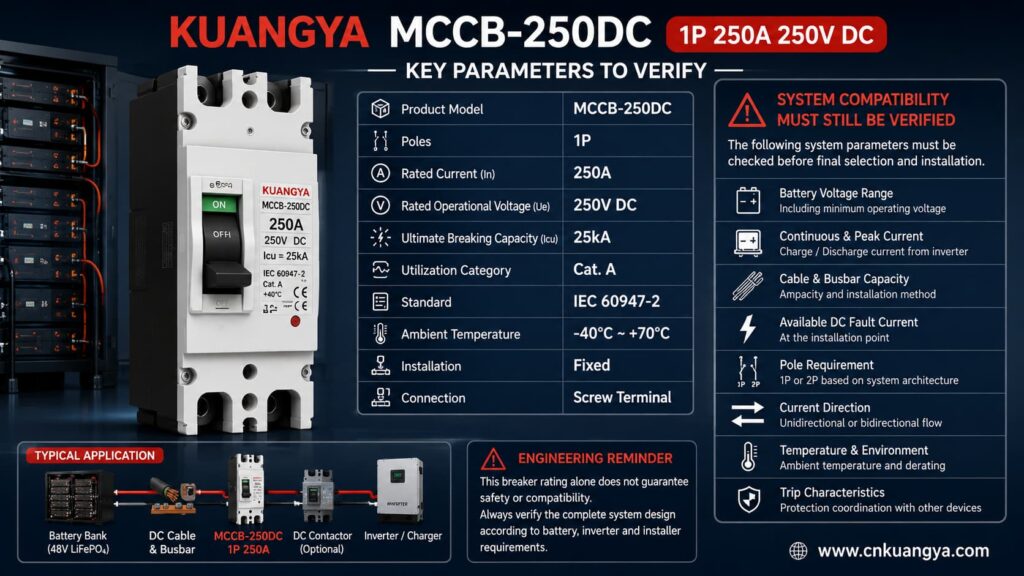 KUANGYA MCCB-250DC 1P 250A 250V DC molded case circuit breaker