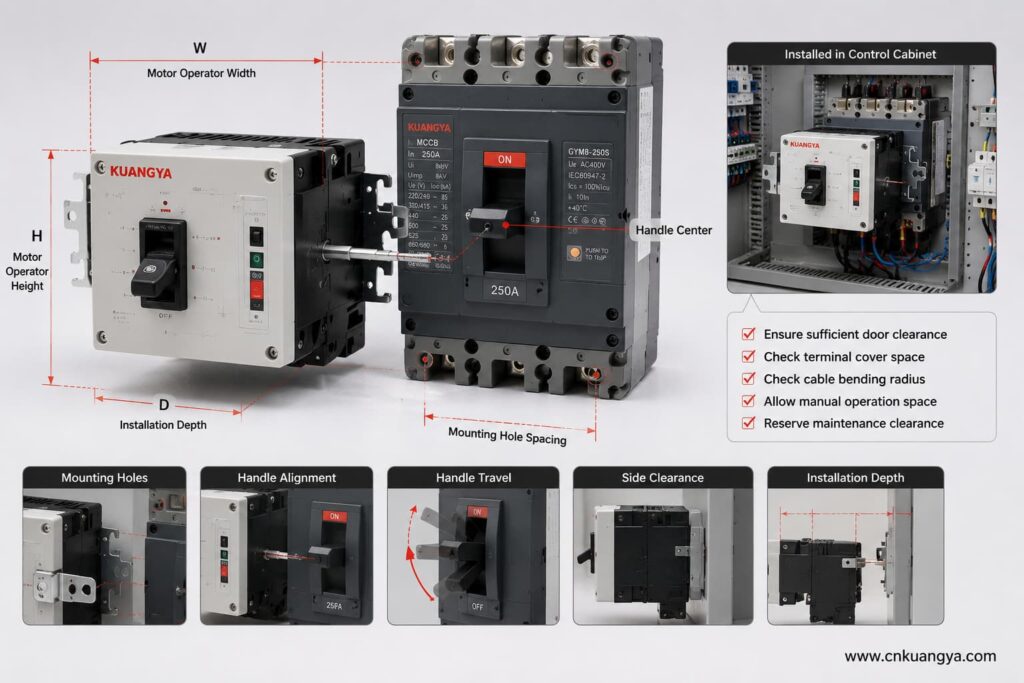 MCCB motor operator mechanical compatibility and mounting dimensions