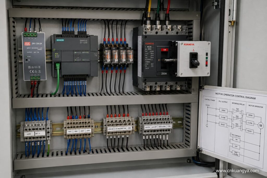 Motor operator control voltage and PLC relay connection