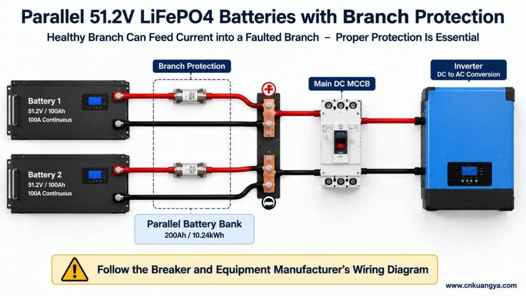Two parallel 51.2V LiFePO4 batteries with branch fuses and main DC MCCB