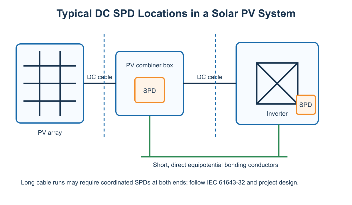 Line drawing showing DC SPD locations at a PV combiner box and inverter input