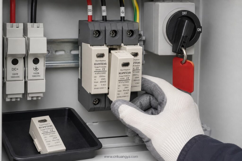 Technician replacing a photovoltaic DC SPD module