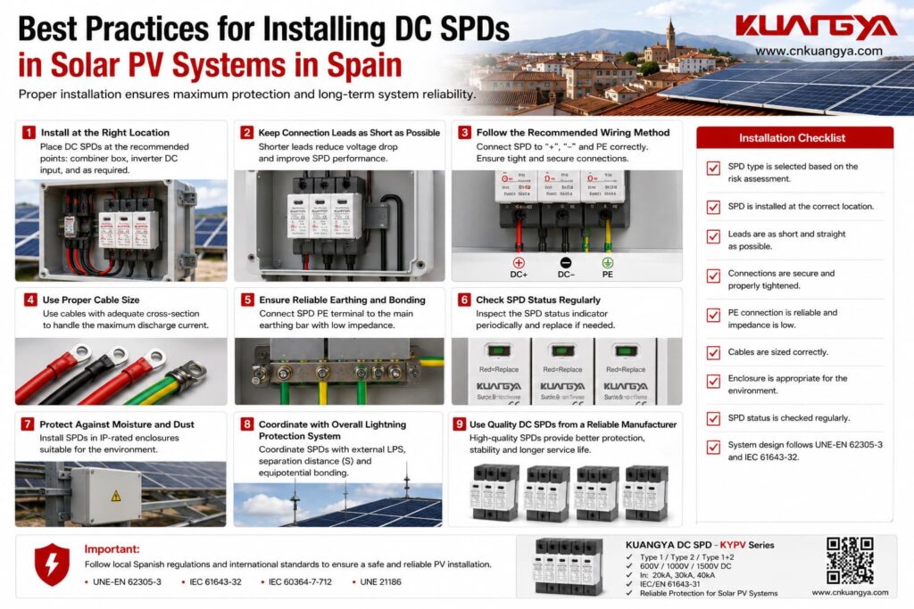 Checklist infographic showing the information needed before selecting or requesting a DC SPD for a solar PV project in Spain