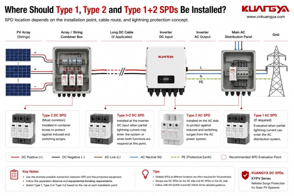 Diagram showing recommended SPD installation points in a solar PV system from array to inverter and AC output