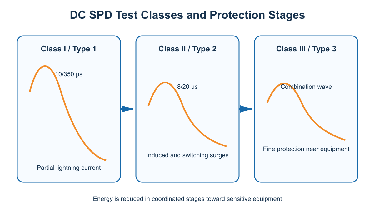 Line drawing comparing Class I, Class II and Class III DC SPD test waveforms and protection stages