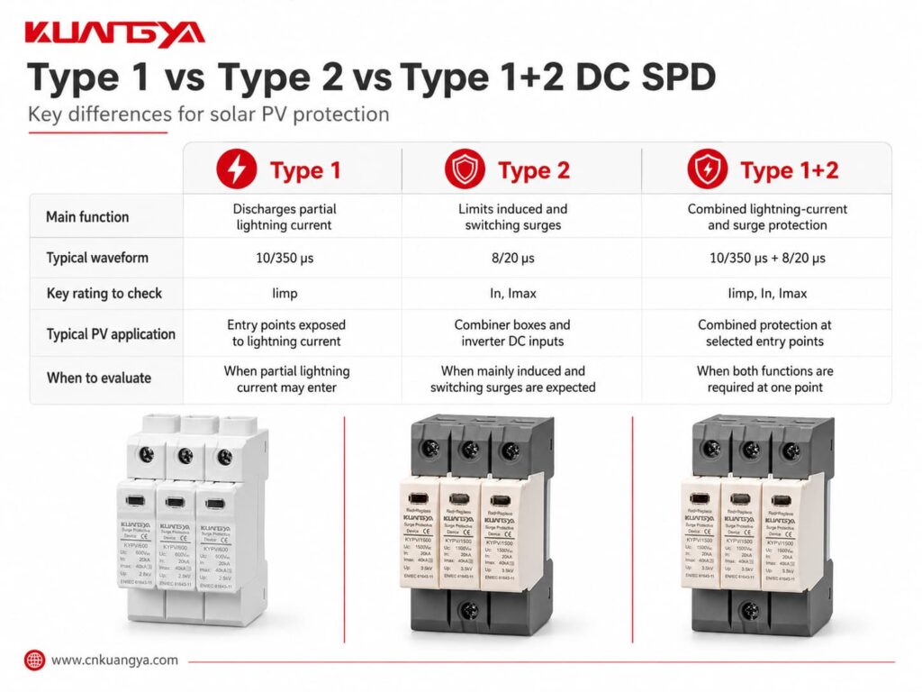 Comparison chart showing the differences between Type 1, Type 2 and Type 1+2 DC SPDs for solar PV