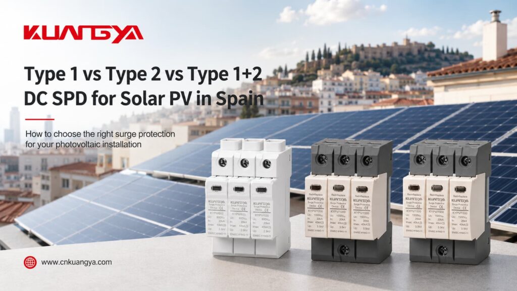 Cover image for a guide comparing Type 1, Type 2 and Type 1+2 DC SPDs for solar PV in Spain