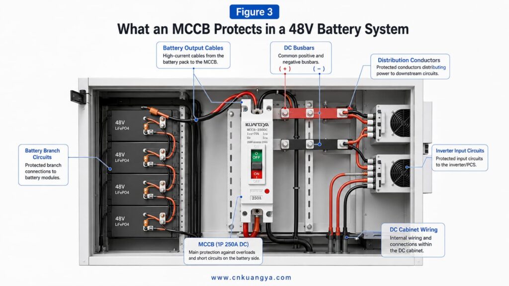 Battery system components protected by a DC MCCB in an ESS