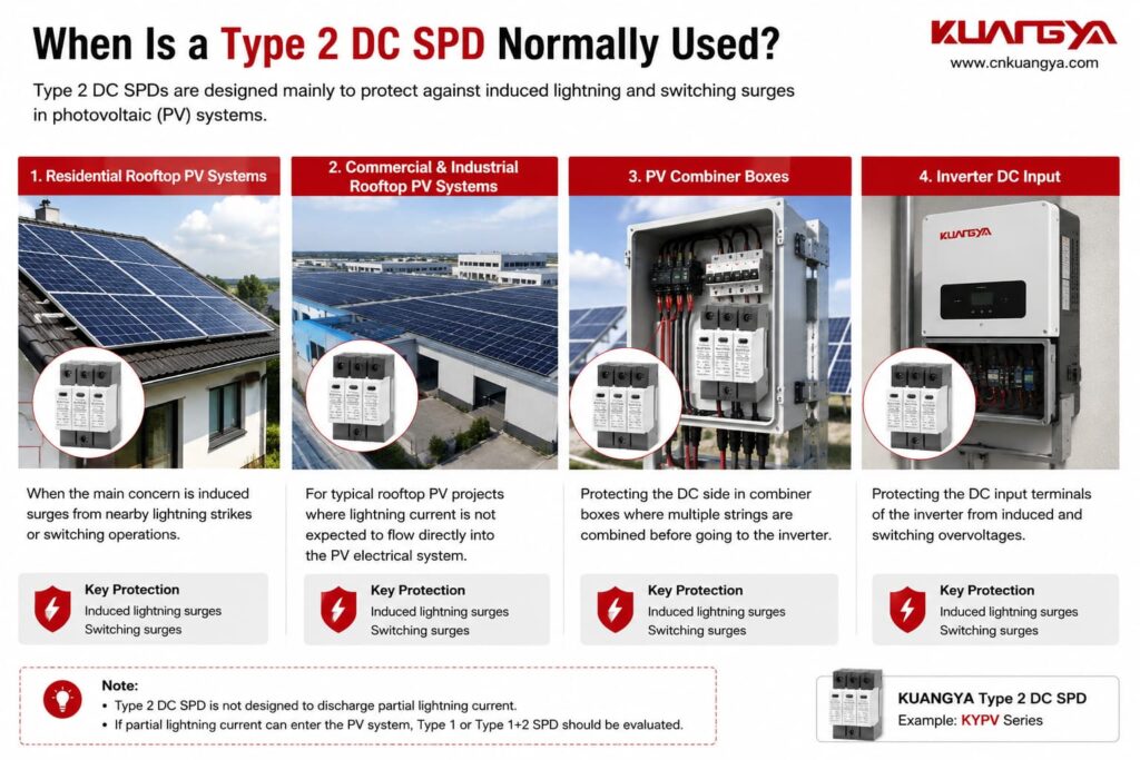 Infographic showing typical use cases for Type 2 DC SPDs in residential and commercial solar PV systems