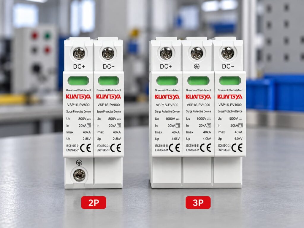 Side-by-side comparison of 2P and 3P DC SPD for solar PV