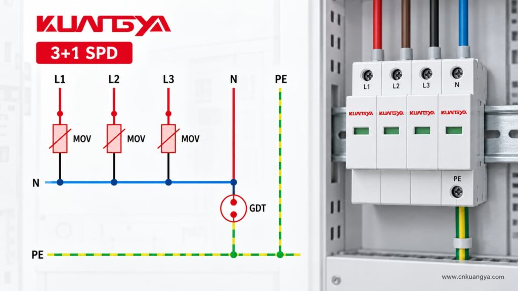 3+1 SPD wiring showing L1 L2 L3 to neutral and N to PE protection