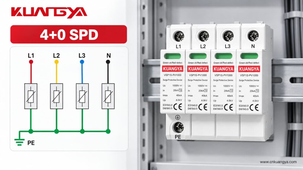 4+0 SPD wiring showing L1 L2 L3 and neutral protection to PE