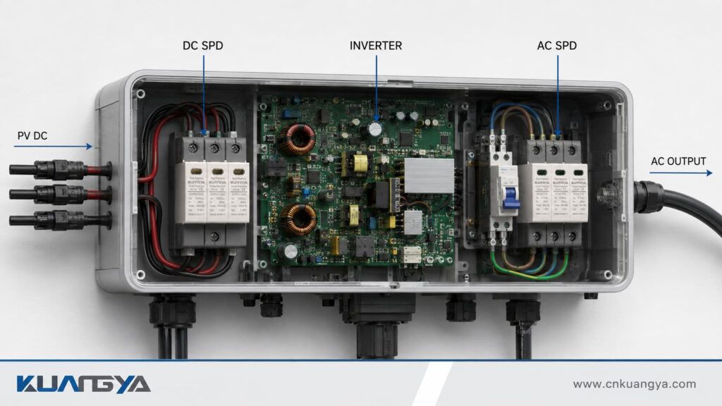 Built-in DC and AC SPD locations inside a solar inverter