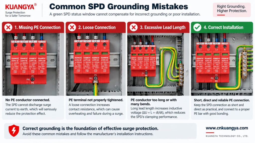 Common SPD grounding mistakes including missing PE and long wiring