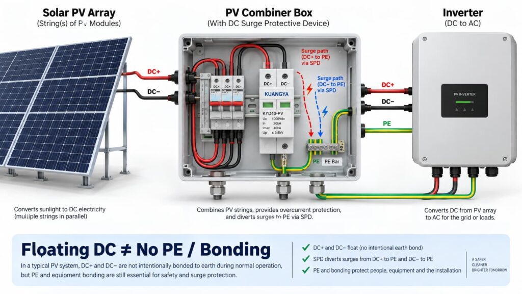Floating solar PV system with SPD connected to PE