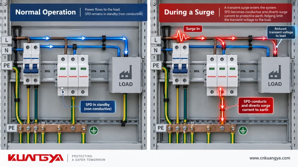 SPD diverting surge current while connected in parallel with the load