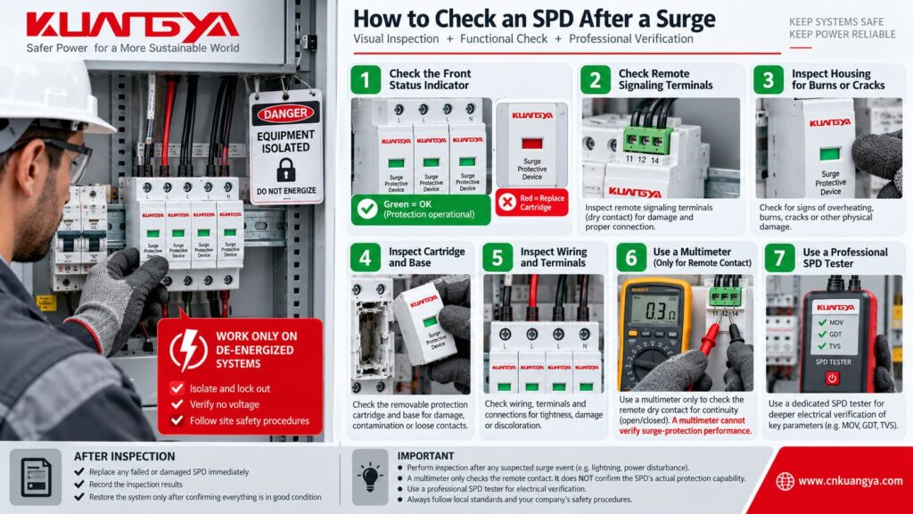 How to check an SPD after a surge using visual inspection and appropriate testing
