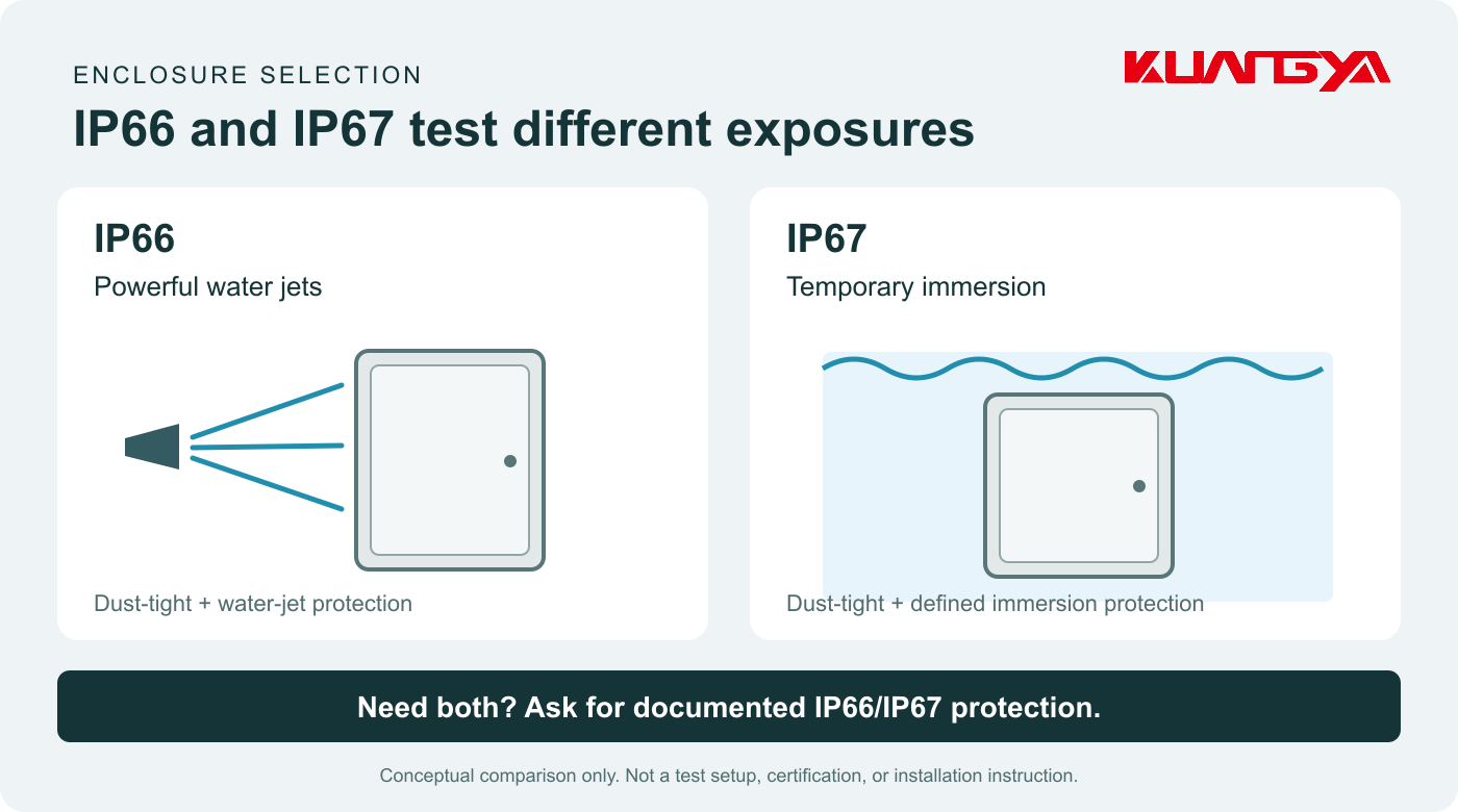 KUANGYA IP66 vs IP67 diagram comparing powerful water jets and temporary immersion