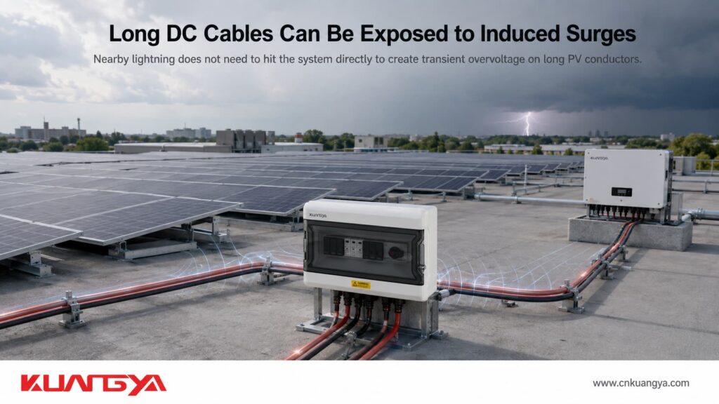 Nearby lightning inducing transient overvoltage in a long PV DC cable