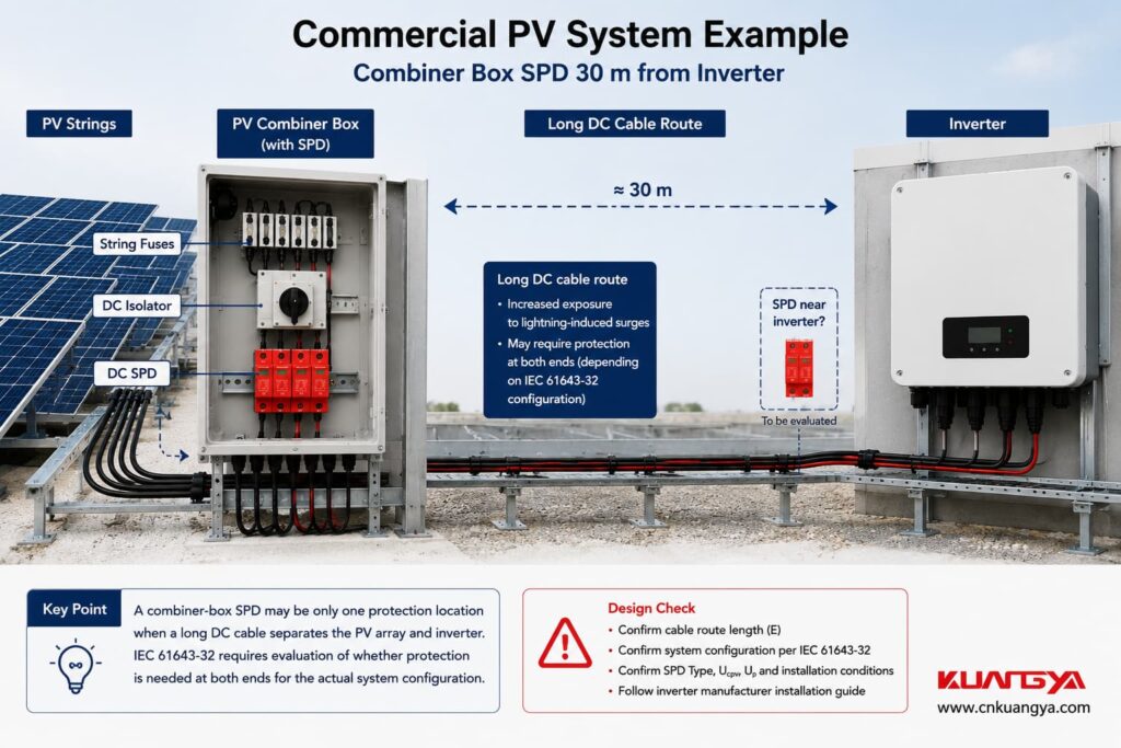 PV combiner box SPD 30 m from solar inverter