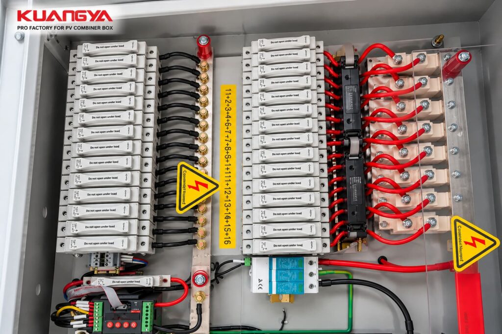 PV string fuse holders inside a 16-string PV combiner box