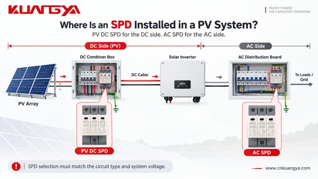PV DC SPD installation locations between solar array and inverter