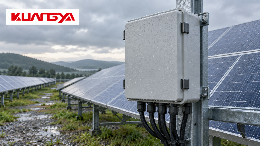 KUANGYA concept illustration of a closed solar combiner enclosure with rain droplets beside photovoltaic panels