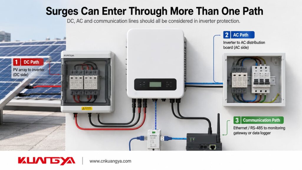 DC AC and communication surge paths connected to a solar inverter