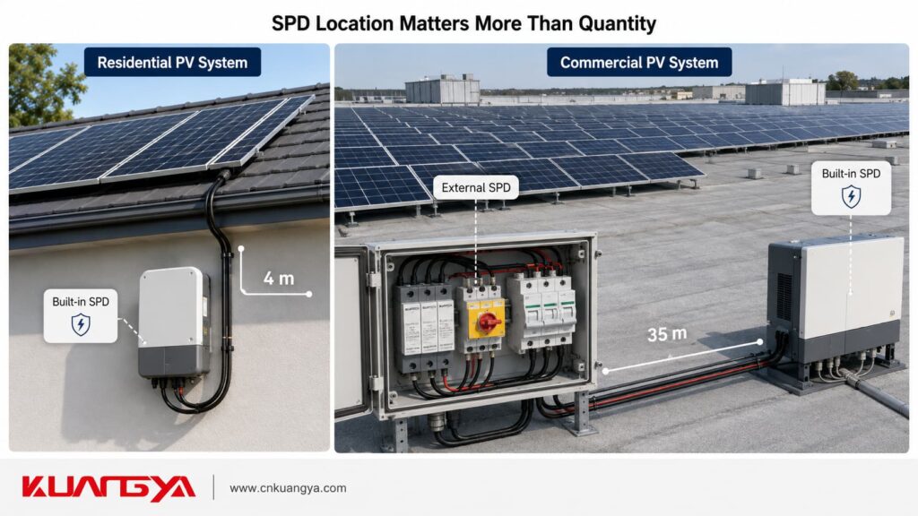 Comparison of 4 m and 35 m PV cable distances for SPD placement