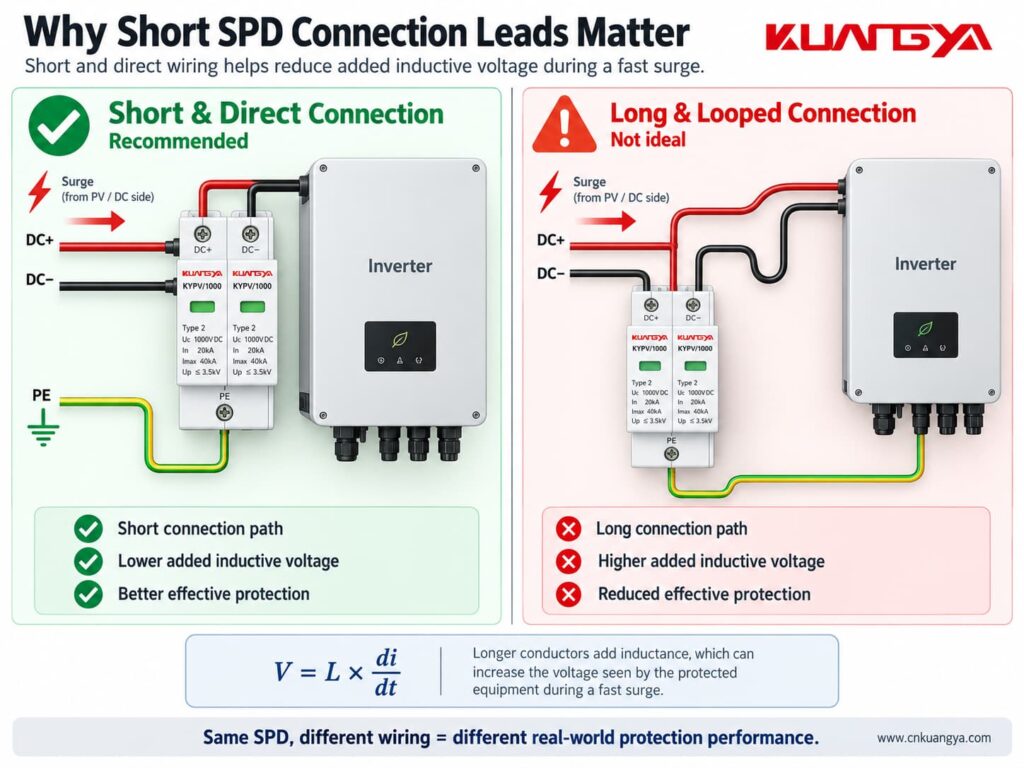Short and long SPD connection leads compared for surge protection