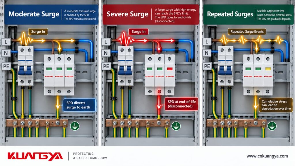 Comparison of moderate severe and repeated surge effects on an SPD