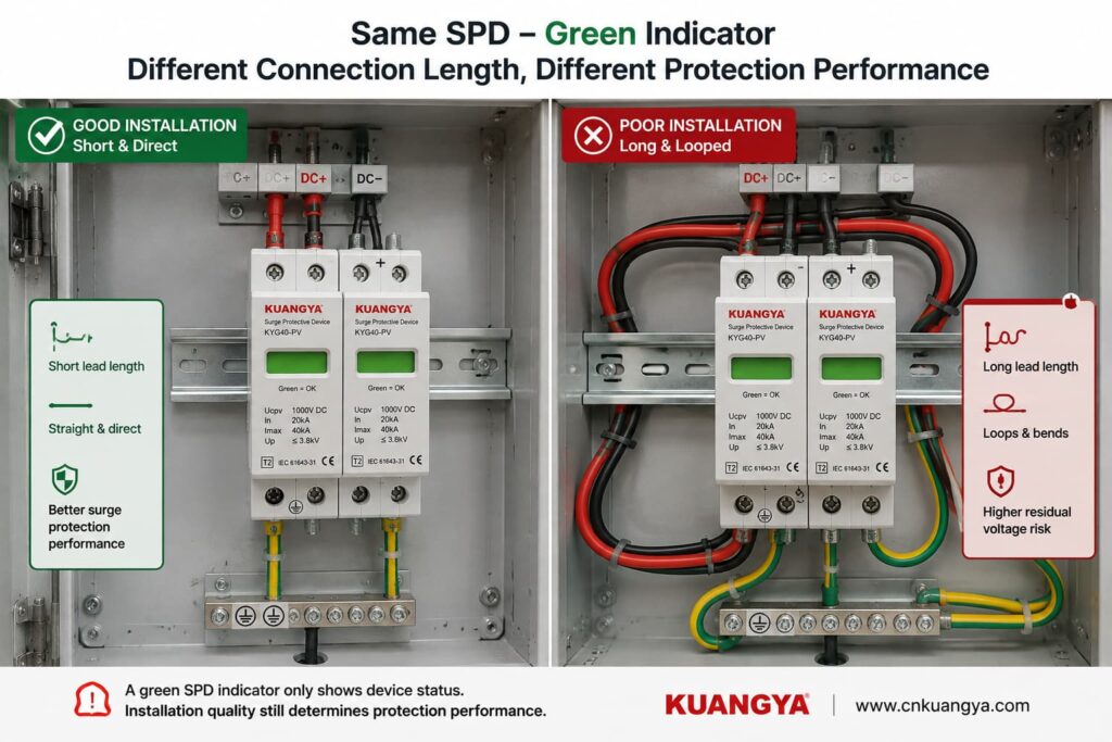 Green SPD indicator with short and long surge protection connection conductors