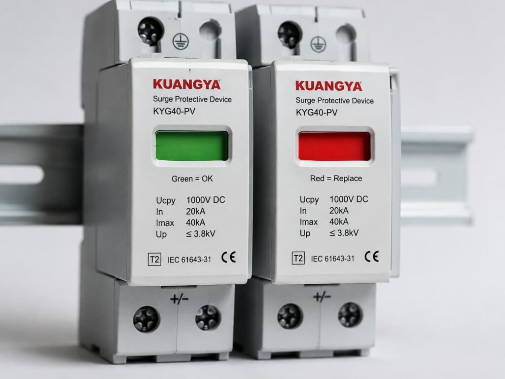 Green and red SPD status indicator windows on replaceable surge protection modules