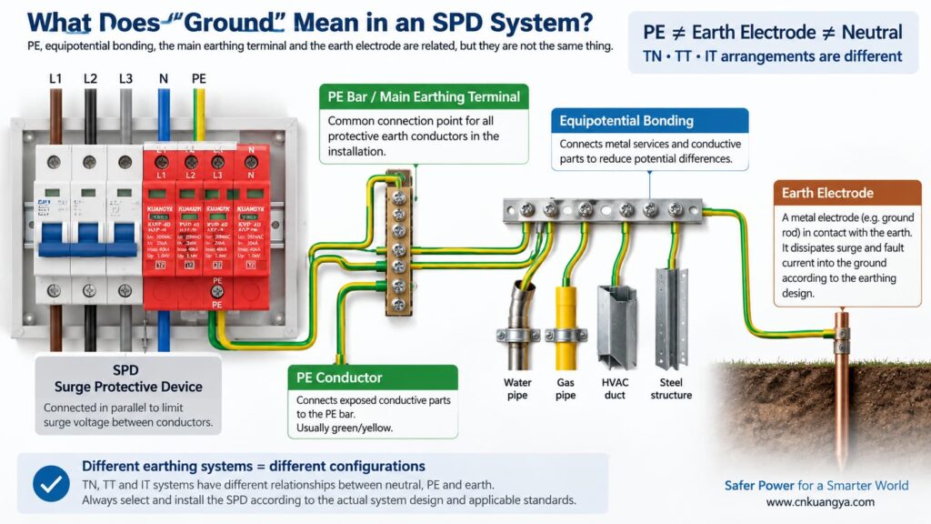 SPD ground vs PE vs earth electrode vs equipotential bonding