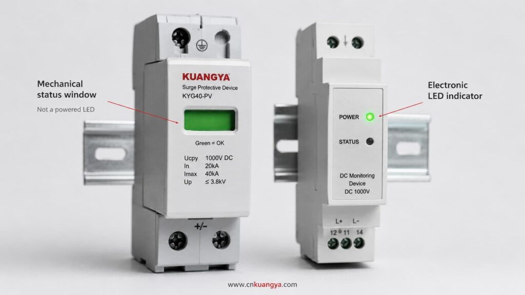 Mechanical SPD status window compared with an electronic LED indicator