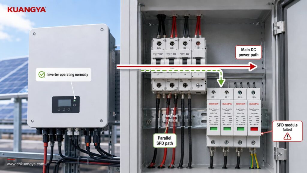 Parallel SPD connection showing an inverter can keep operating after an SPD module fails