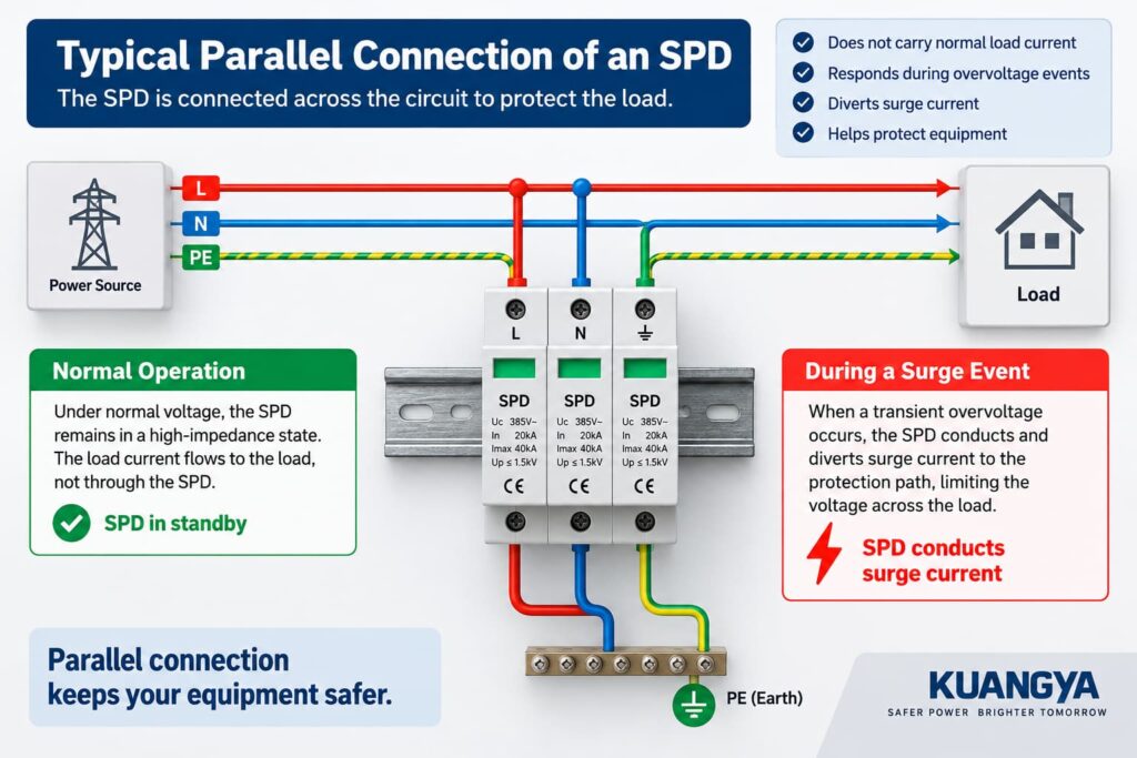SPD parallel connection wiring in an electrical distribution system