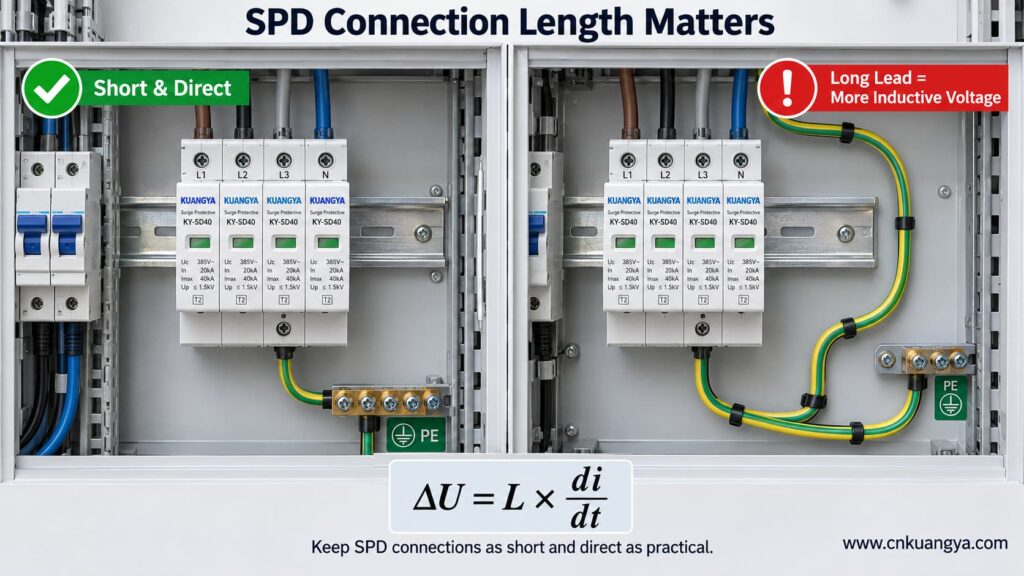 SPD PE connection lead length short vs long wiring