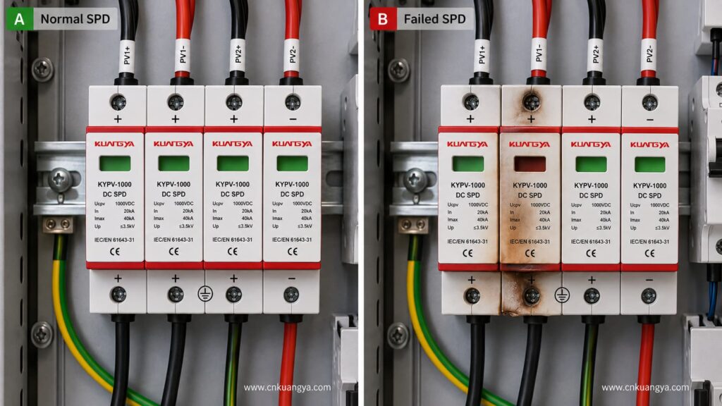 SPD failure signs including burn marks discoloration and housing deformation